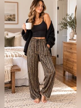 Vintage Valerie Stevens 100% Silk Pajama Lounge Pants Black Tan Size 4 (xl/1x)